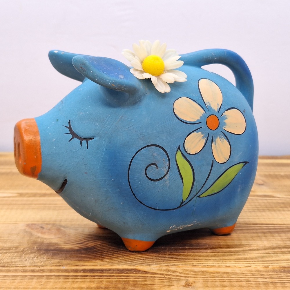 VTG  Napcoware HIPPIE‎ Blue Piggy Bank Pig DAISY Flowers Ceramic MCM 1980 C-7300